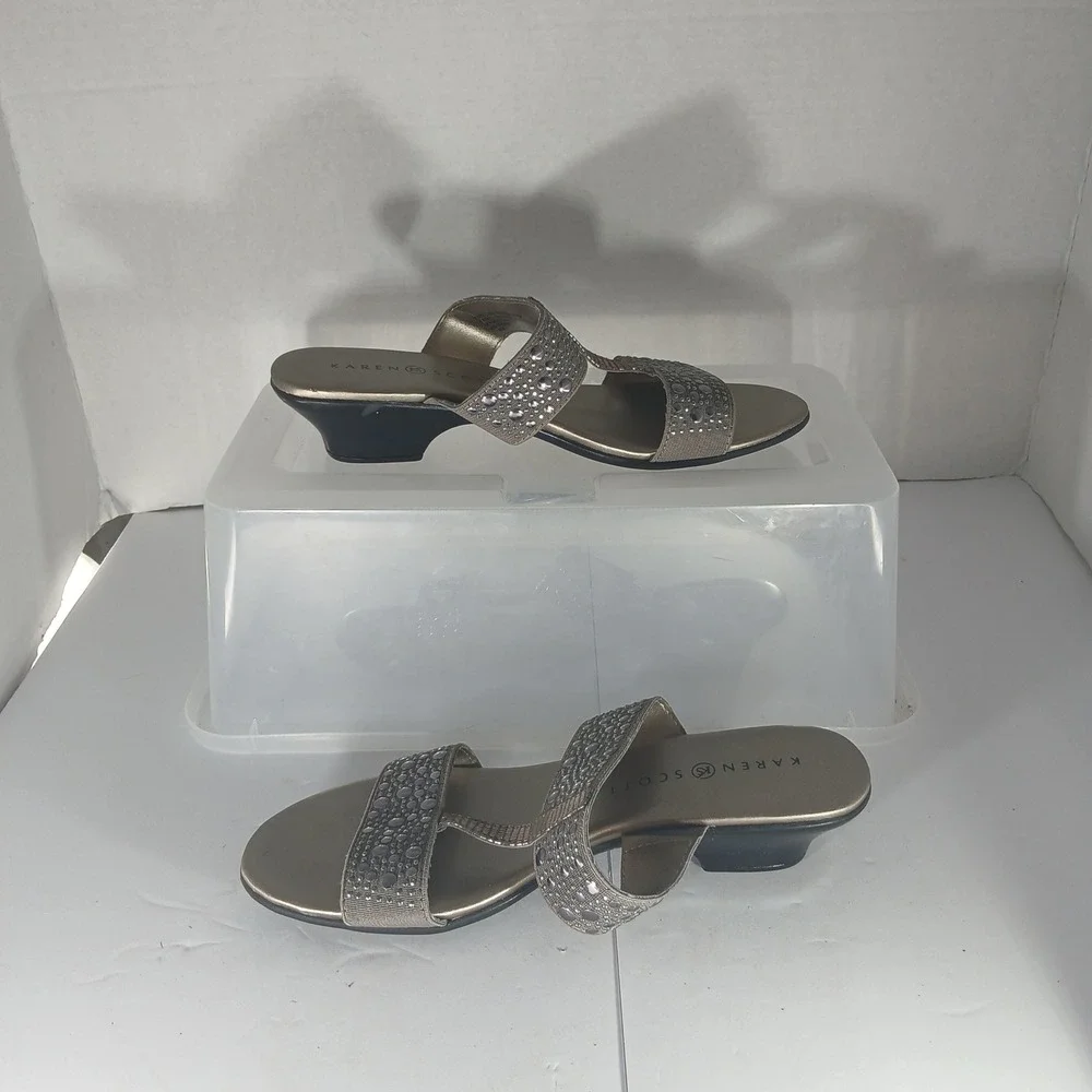 Karen Scott Eddina Sandals 6M Champagne Pewter‎ Rhinestone Low Wedge Slide Shoes